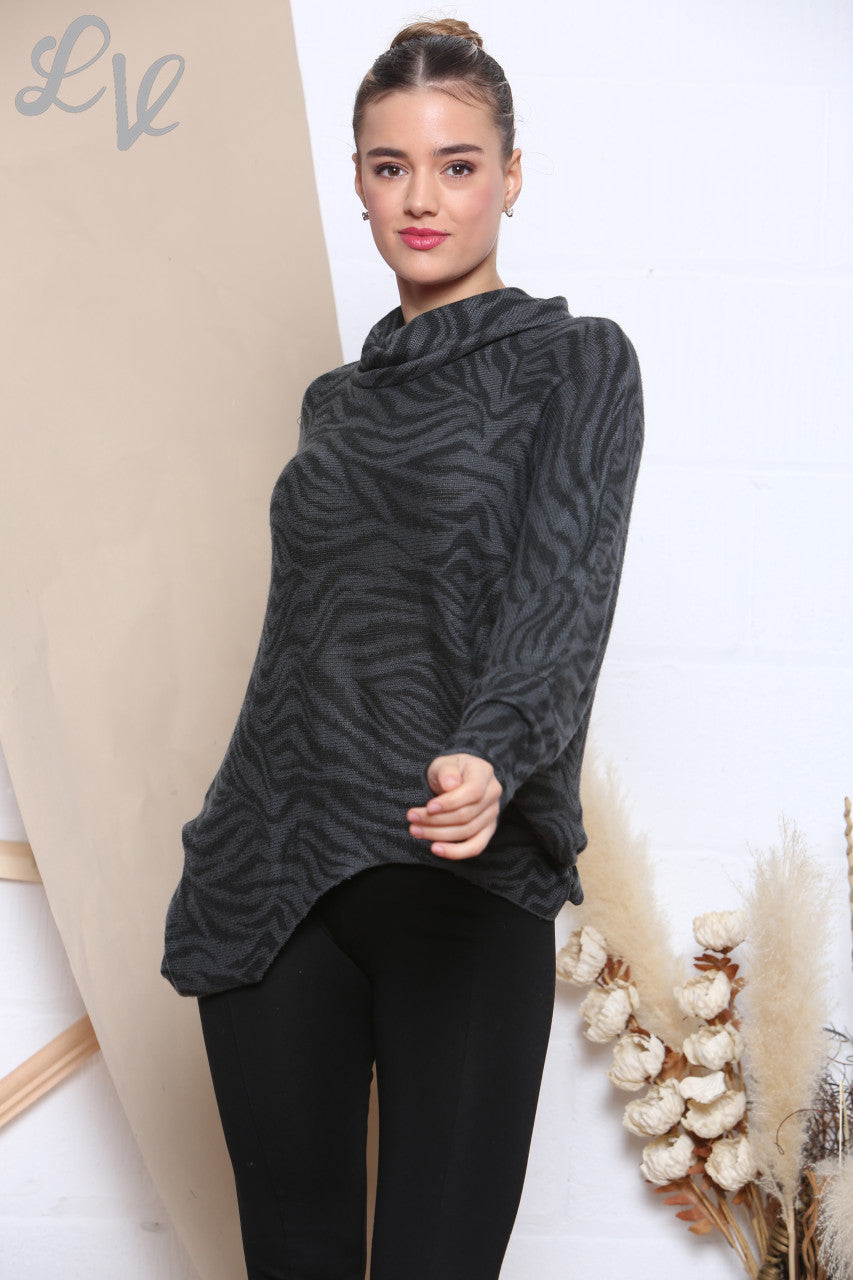 Ladies Animal Print Roll Neck Top Charcoal Unit Price WAS £13.99 NOW £9.99