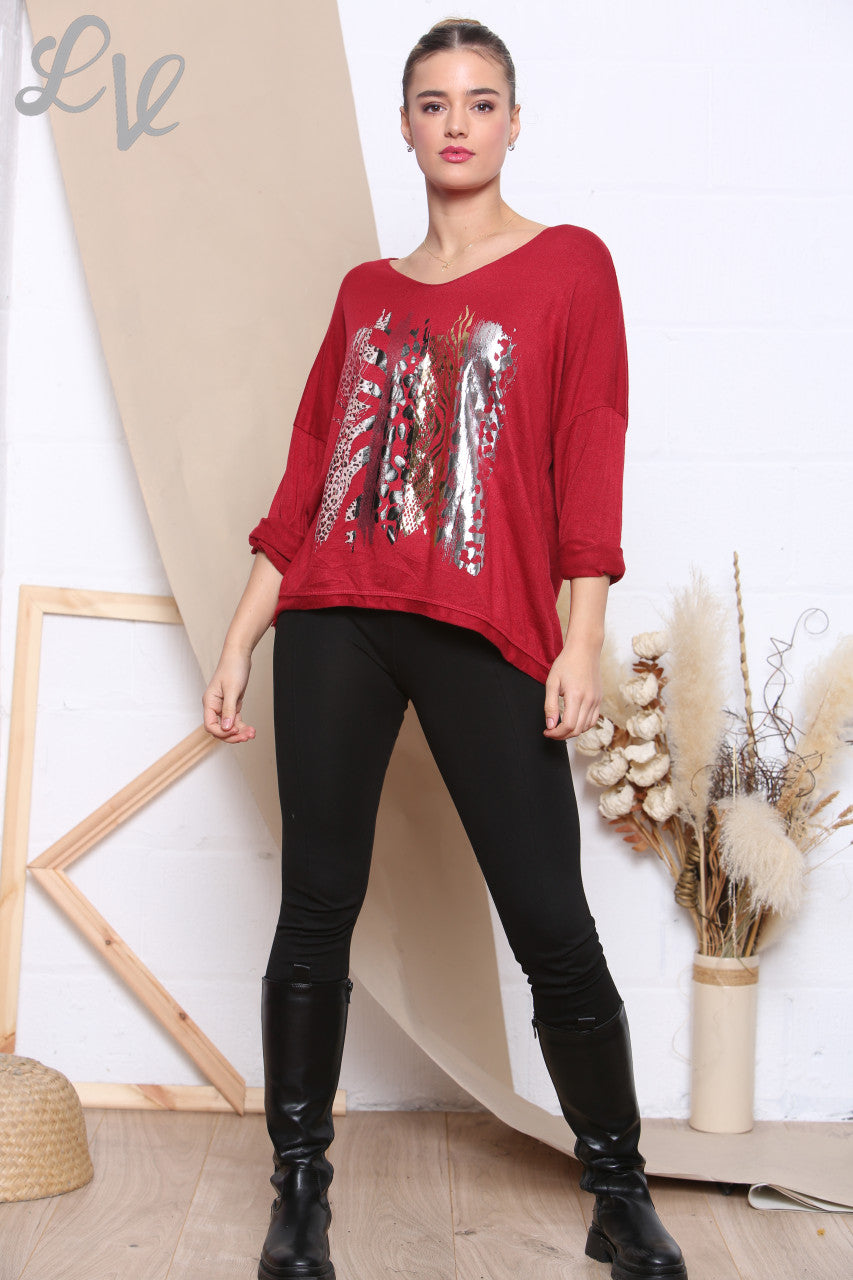 Ladies Knitted Foil Animal Mix Print Jumper Red Unit Price £6.99