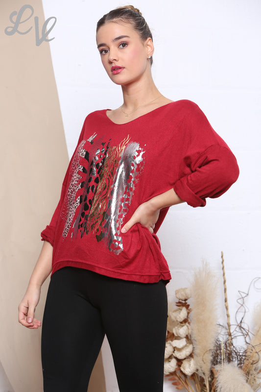 Ladies Knitted Foil Animal Mix Print Jumper Red Unit Price £6.99