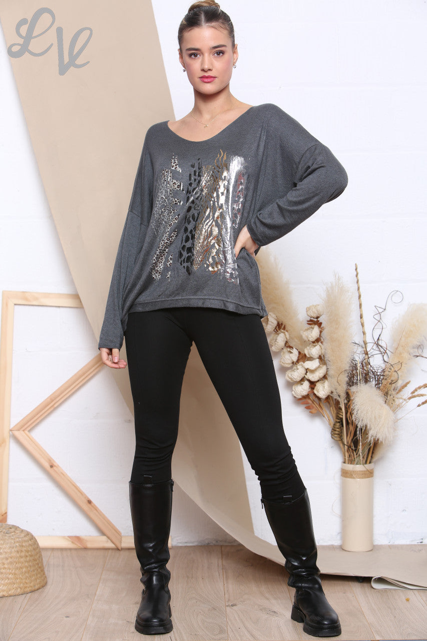 Ladies Knitted Foil Animal Mix Print Jumper Charcoal Unit Price £6.99
