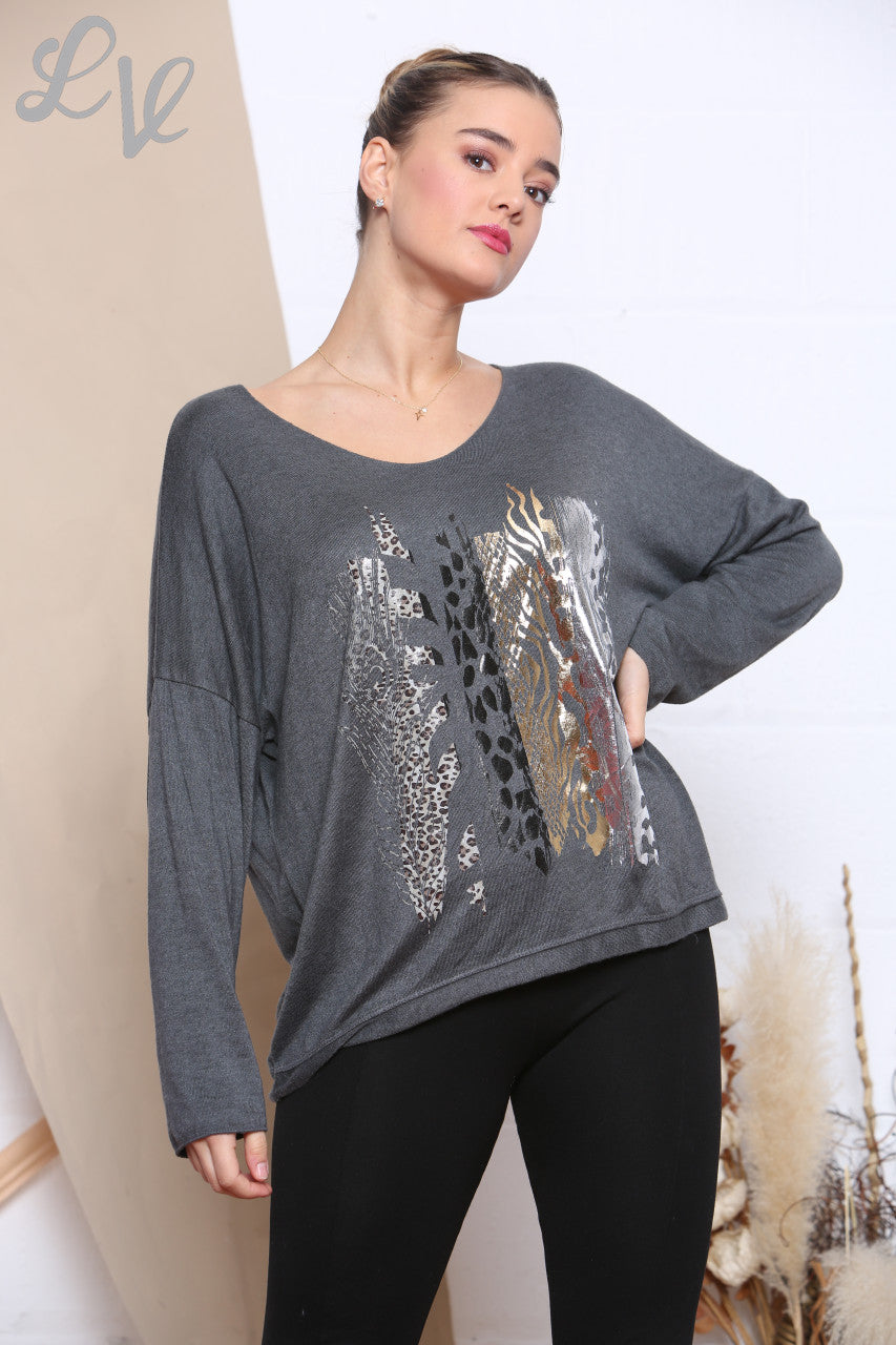 Ladies Knitted Foil Animal Mix Print Jumper Charcoal Unit Price £6.99