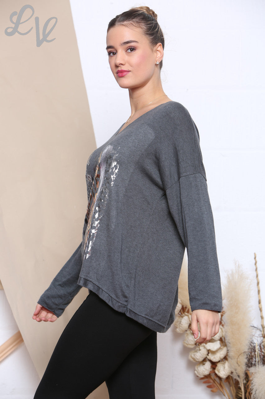 Ladies Knitted Foil Animal Mix Print Jumper Charcoal Unit Price £6.99
