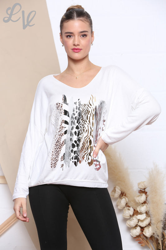 Ladies Knitted Foil Animal Mix Print Jumper White Unit Price £6.99