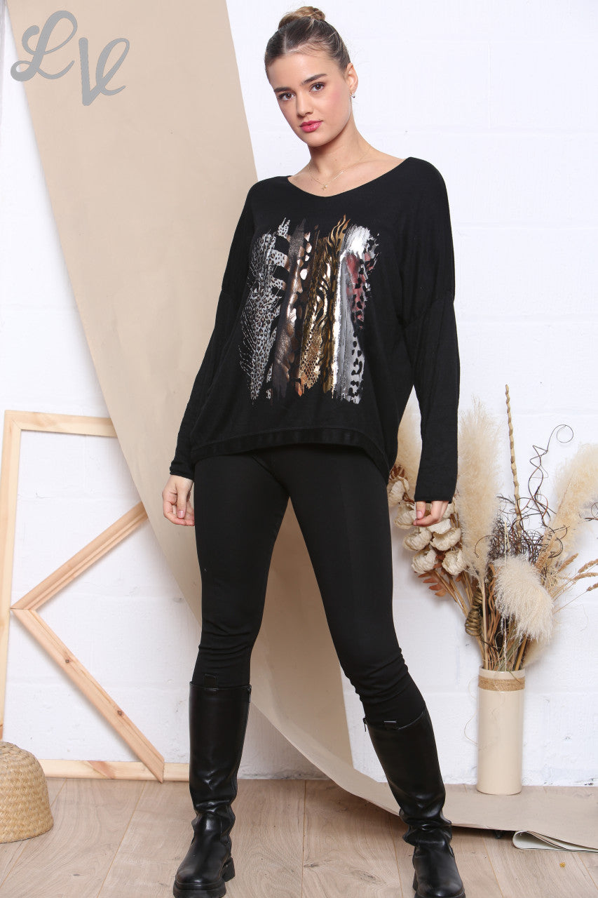 Dames gebreide trui met folie en dierenprint mix zwart Stukprijs € 6,99