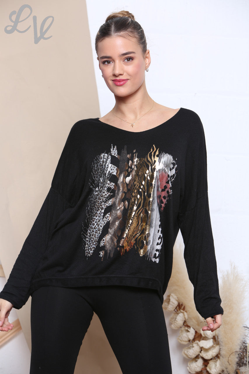 Dames gebreide trui met folie en dierenprint mix zwart Stukprijs € 6,99