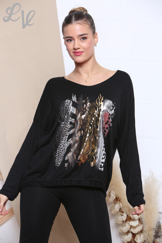 Ladies Knitted Foil Animal Mix Print Jumper Black Unit Price £6.99