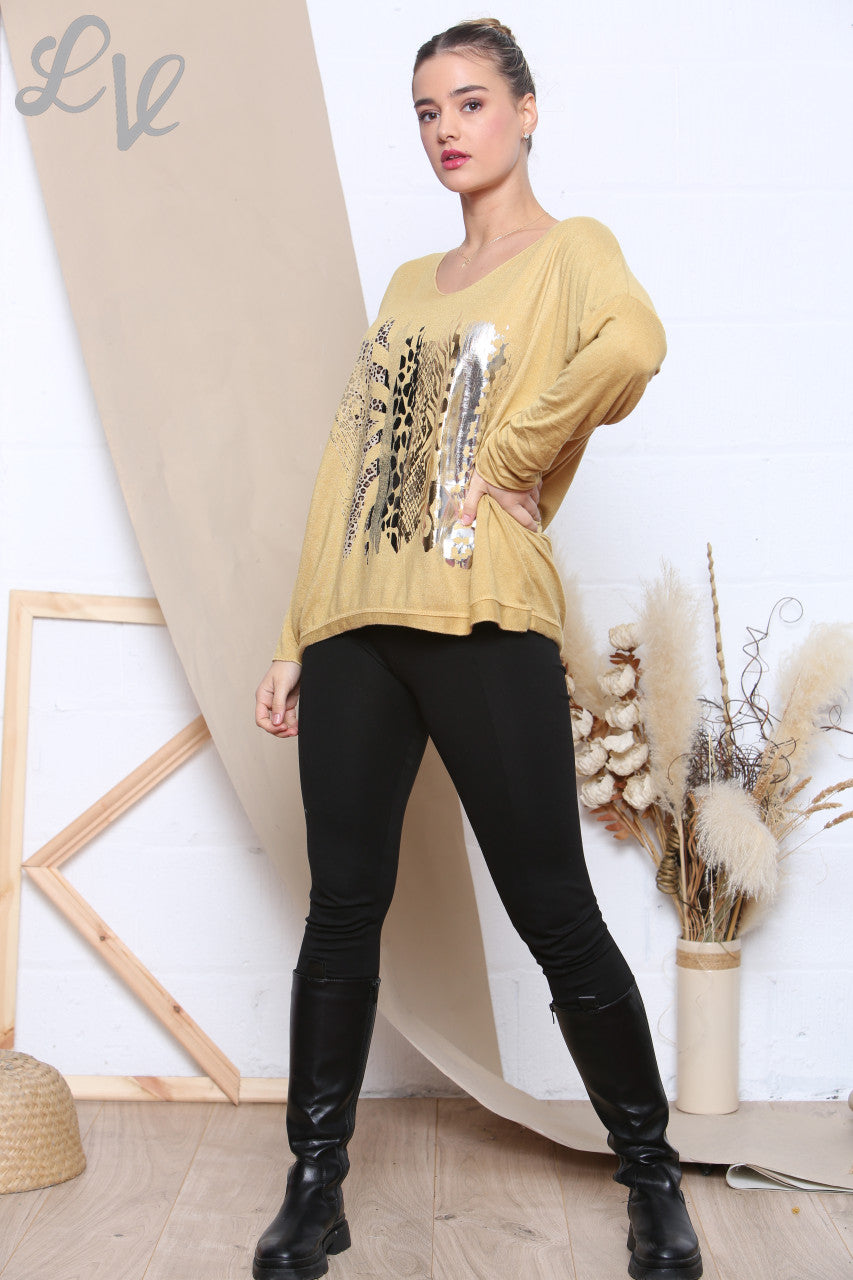 Ladies Knitted Foil Animal Mix Print Jumper Mustard Unit Price £6.99