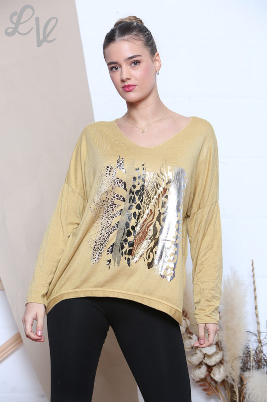 Ladies Knitted Foil Animal Mix Print Jumper Mustard Unit Price £6.99