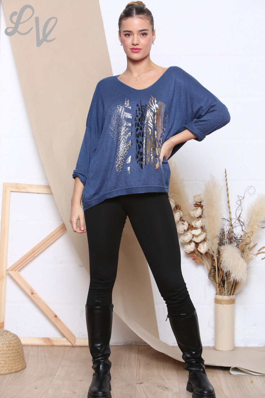 Ladies Knitted Foil Animal Mix Print Jumper Denim Unit Price £6.99