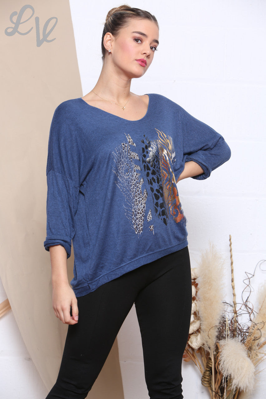 Ladies Knitted Foil Animal Mix Print Jumper Denim Unit Price £6.99
