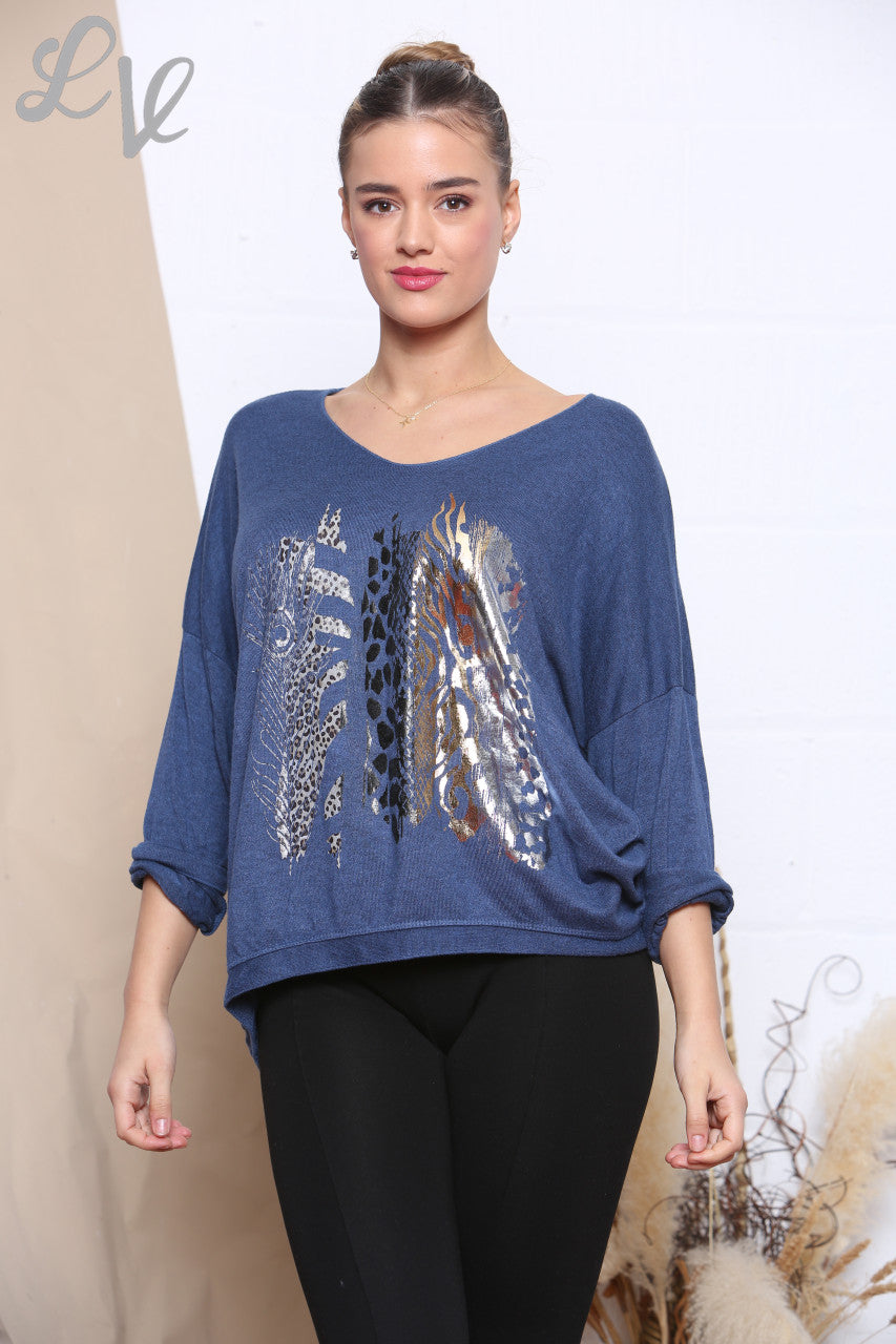Ladies Knitted Foil Animal Mix Print Jumper Denim Unit Price £6.99