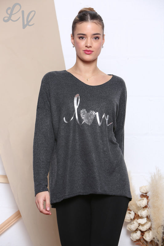 Ladies Knitted Foil Love Print Jumper Charcoal Unit Price £7.99
