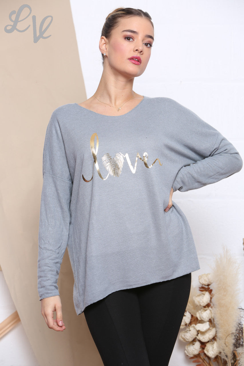 Dames gebreide trui met folieprint "Love" grijs, per stuk € 7,99