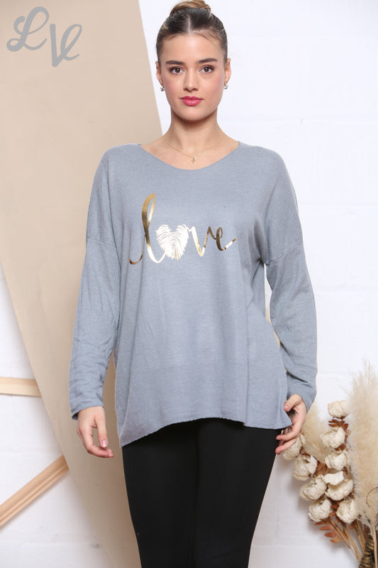 Ladies Knitted Foil Love Print Jumper Grey Unit Price £7.99