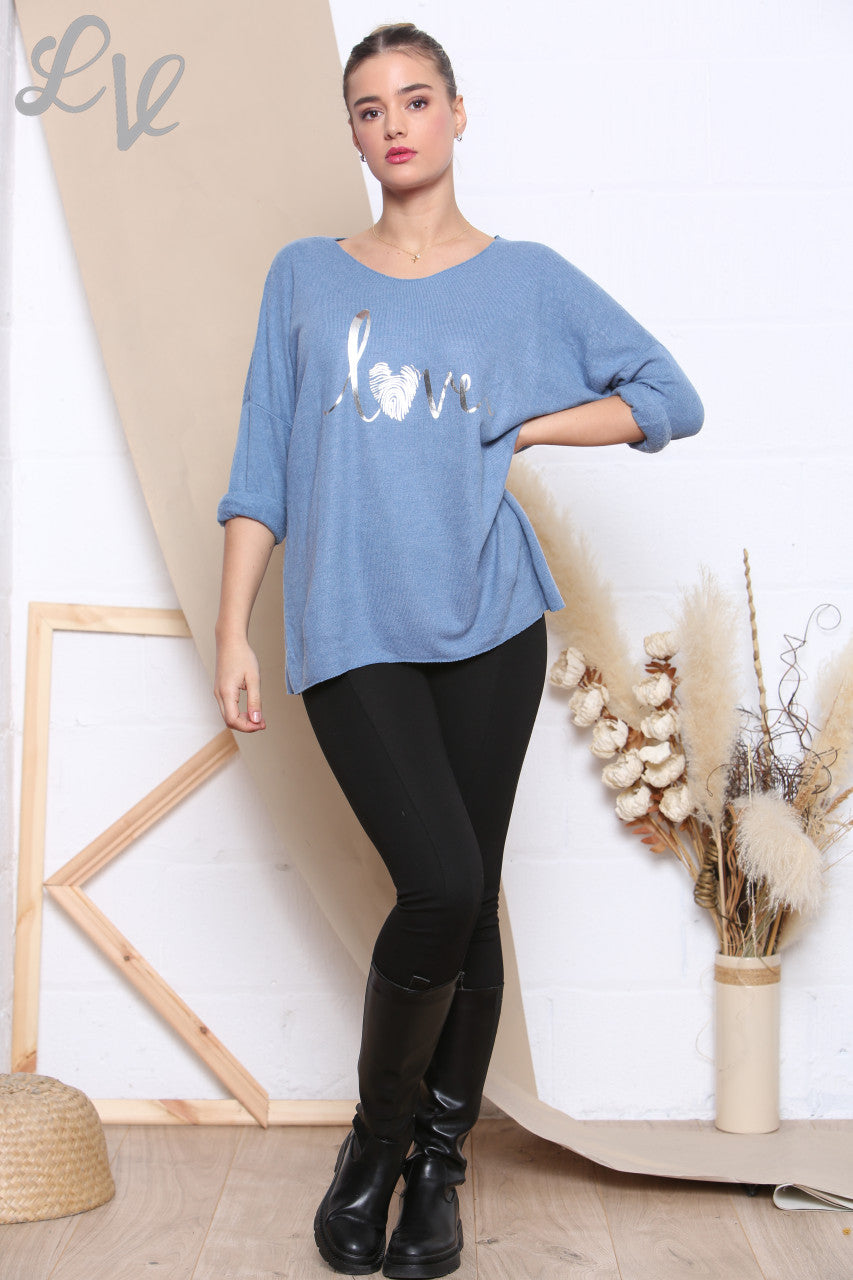 Dames gebreide trui met folieprint 'Love' Denim per stuk £ 7,99