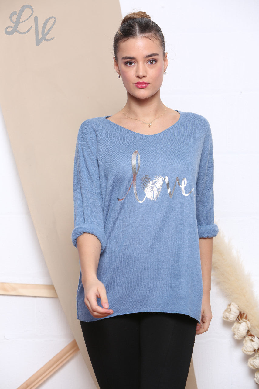 Dames gebreide trui met folieprint 'Love' Denim per stuk £ 7,99