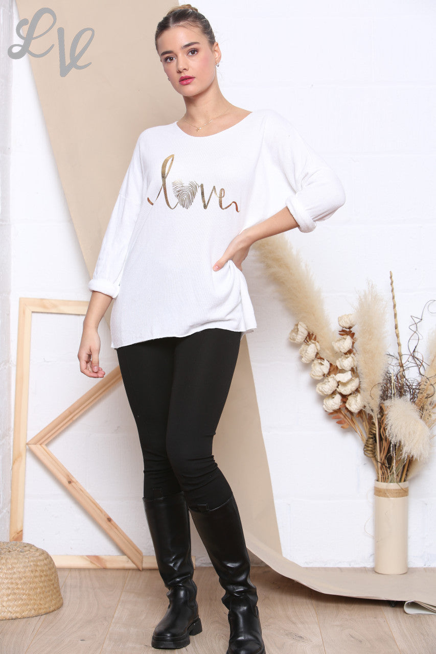 Ladies Knitted Foil Love Print Jumper White Unit Price £7.99