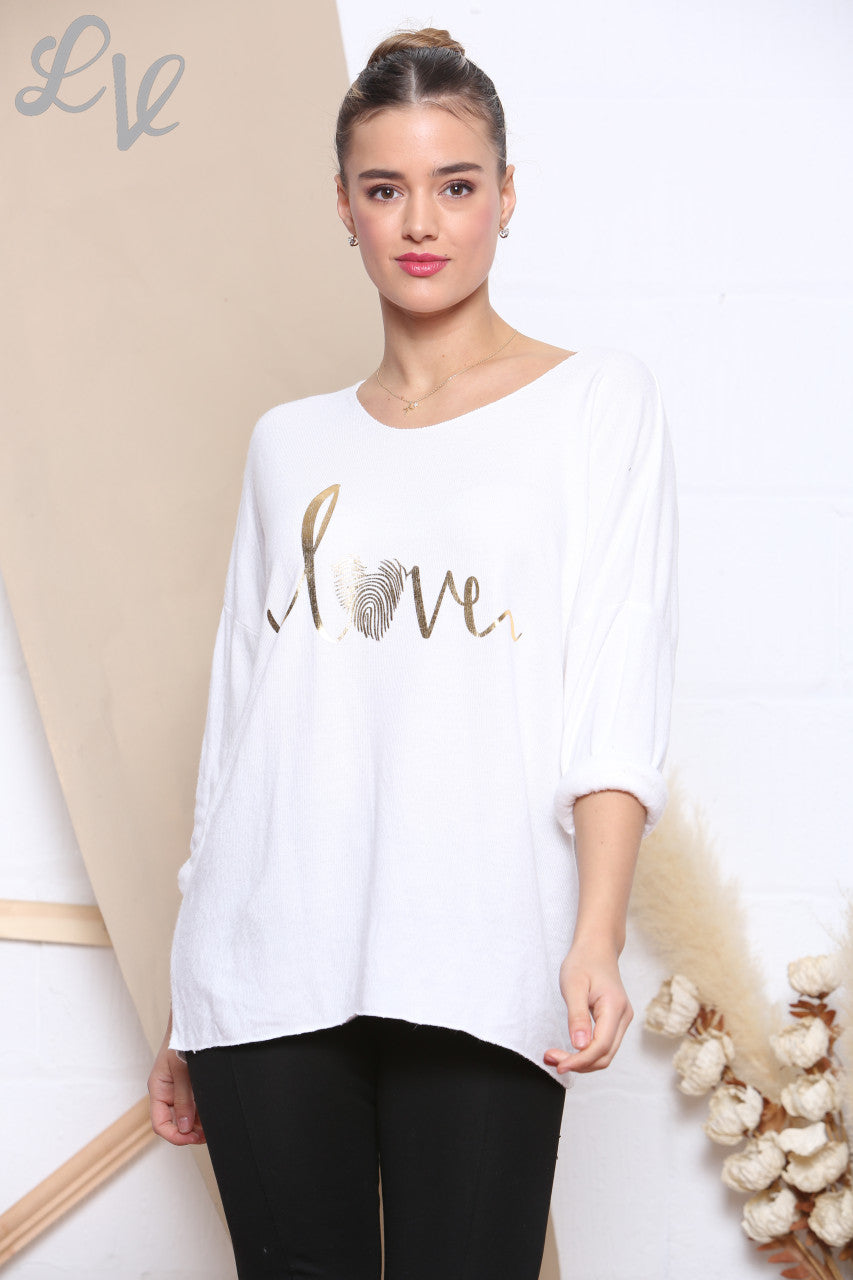 Ladies Knitted Foil Love Print Jumper White Unit Price £7.99
