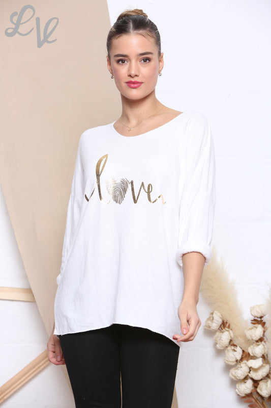 Ladies Knitted Foil Love Print Jumper White Unit Price £7.99