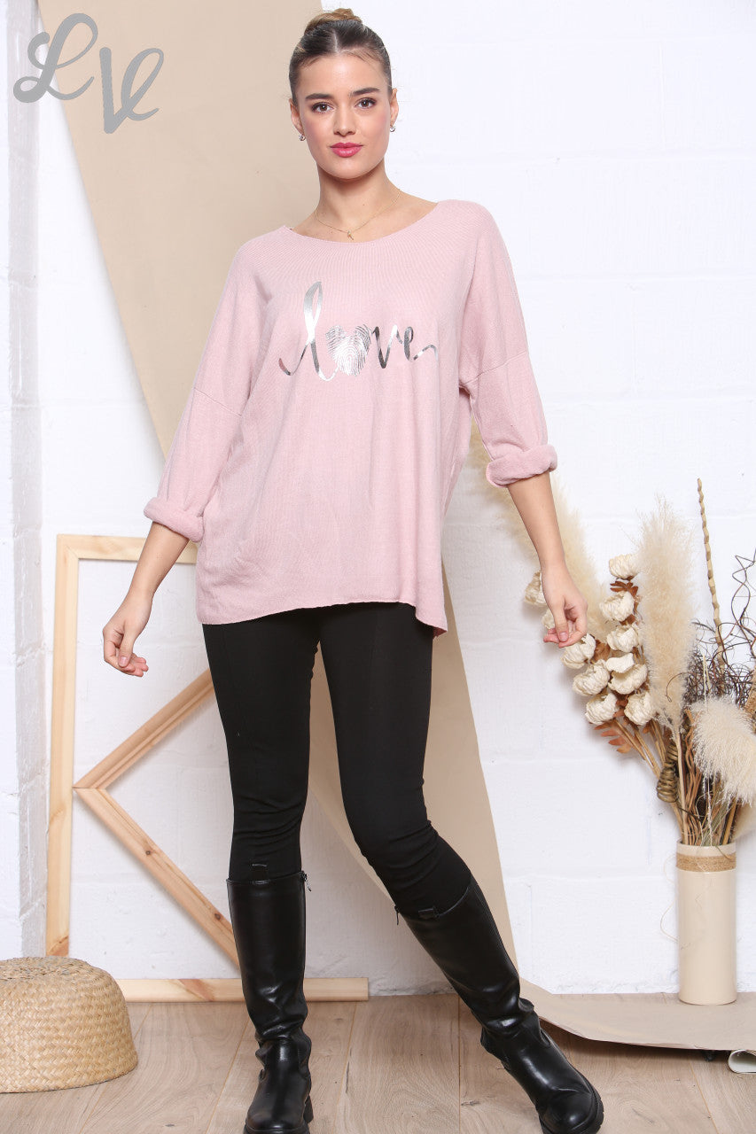 Ladies Knitted Foil Love Print Jumper Dusty Pink Unit Price £7.99