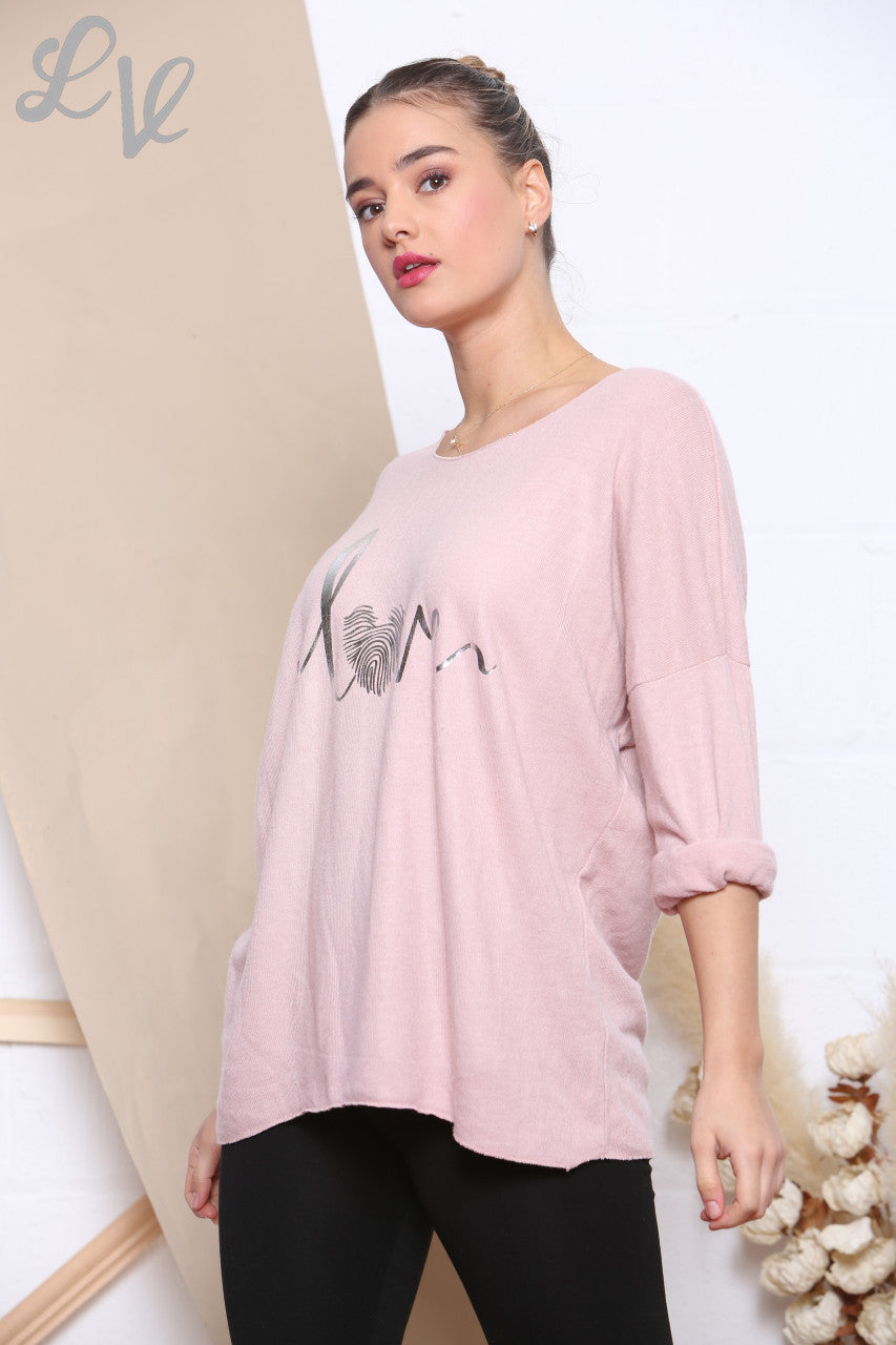 Ladies Knitted Foil Love Print Jumper Dusty Pink Unit Price £7.99