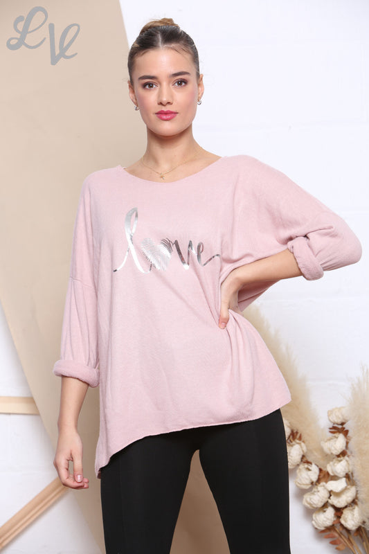 Ladies Knitted Foil Love Print Jumper Dusty Pink Unit Price £7.99