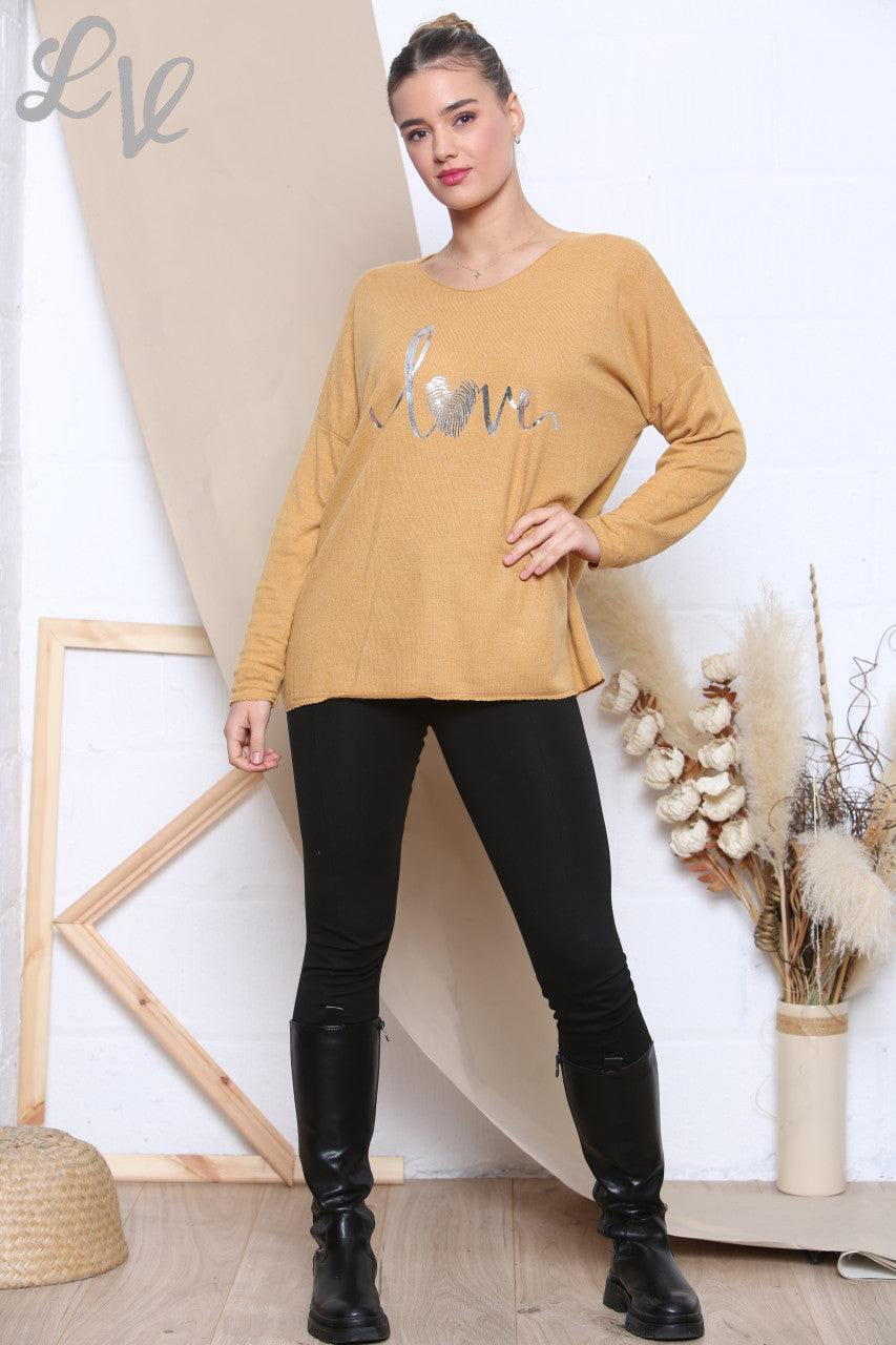 Ladies Knitted Foil Love Print Jumper Mustard Unit Price £7.99