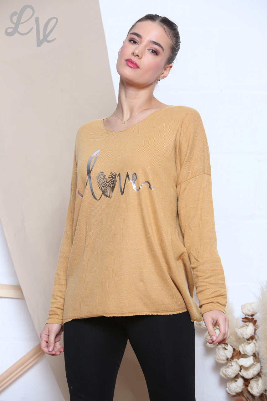 Ladies Knitted Foil Love Print Jumper Mustard Unit Price £7.99
