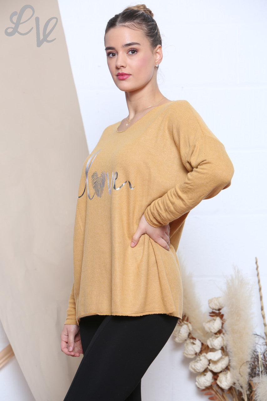 Ladies Knitted Foil Love Print Jumper Mustard Unit Price £7.99
