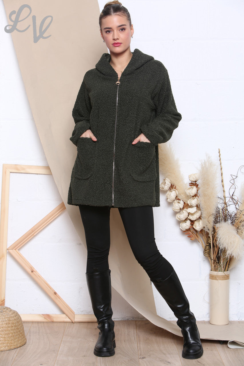 Dames Teddybeer Hoodie Met Rits Khaki