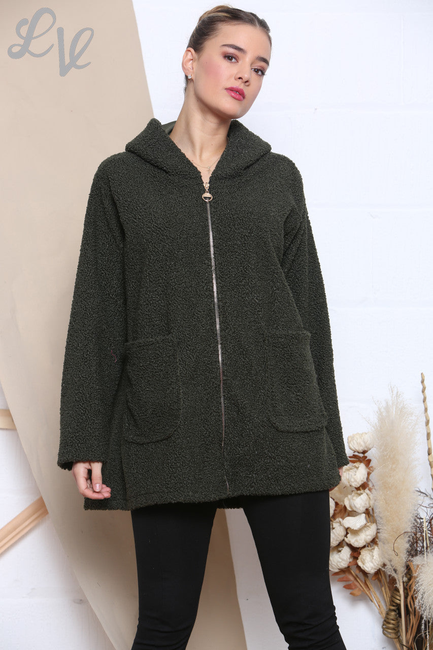 Dames Teddybeer Hoodie Met Rits Khaki