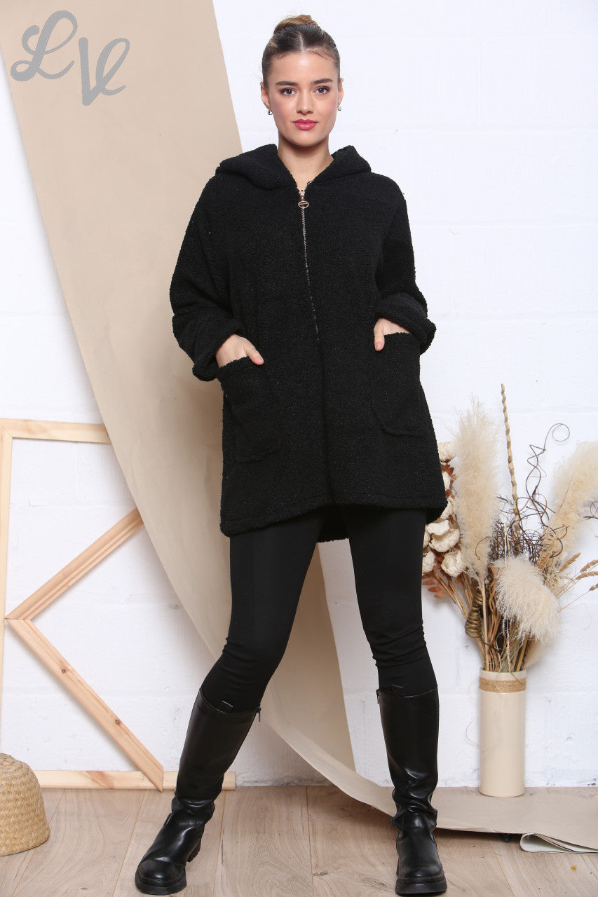 Ladies Teddy Bear Zip Front Hooded Jacket Black