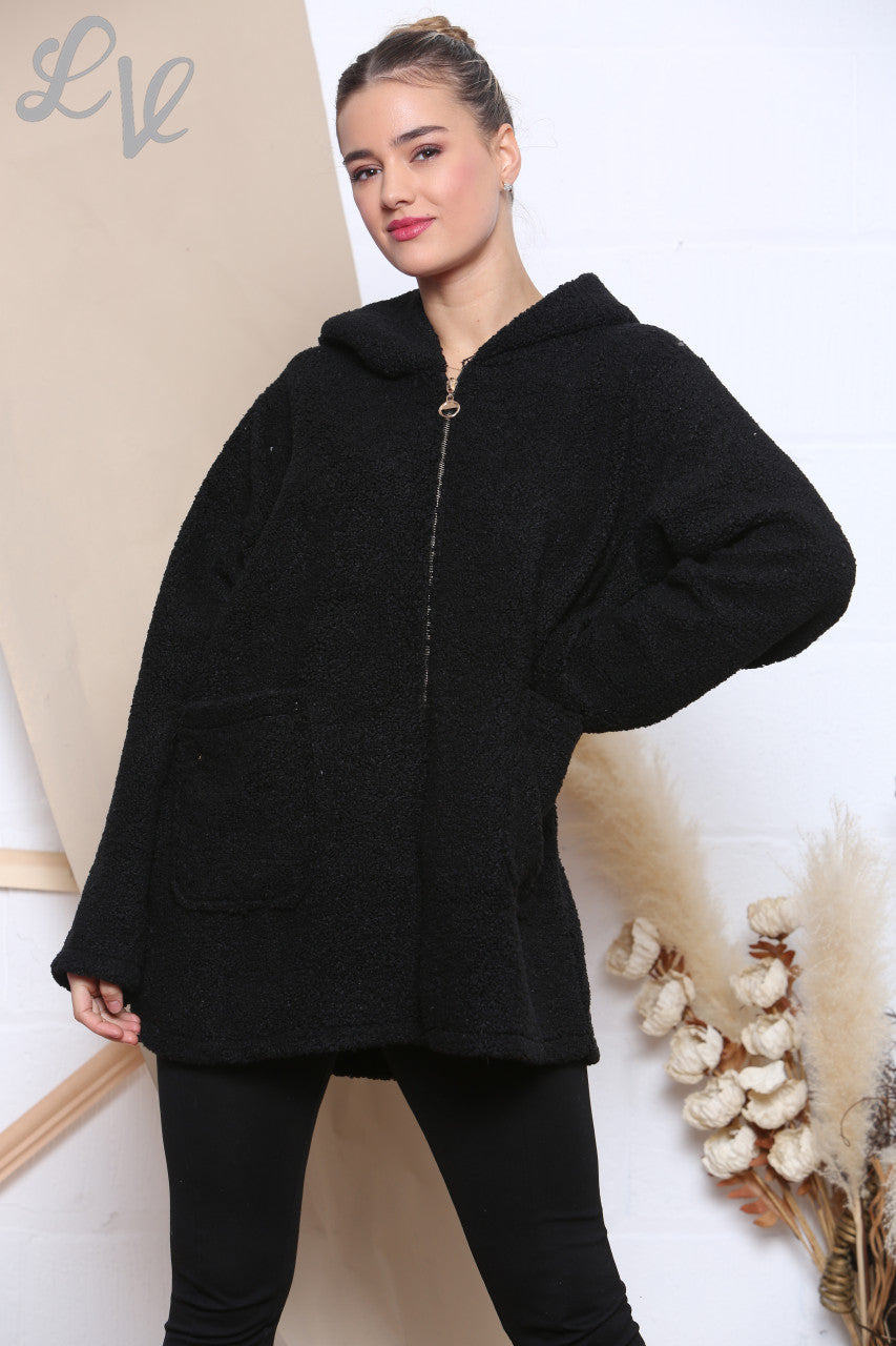 Ladies Teddy Bear Zip Front Hooded Jacket Black