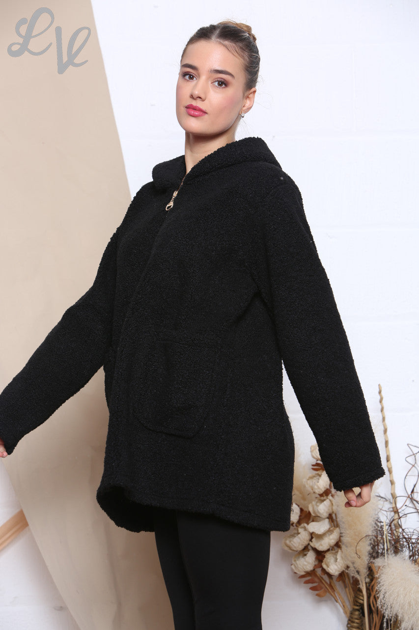 Ladies Teddy Bear Zip Front Hooded Jacket Black