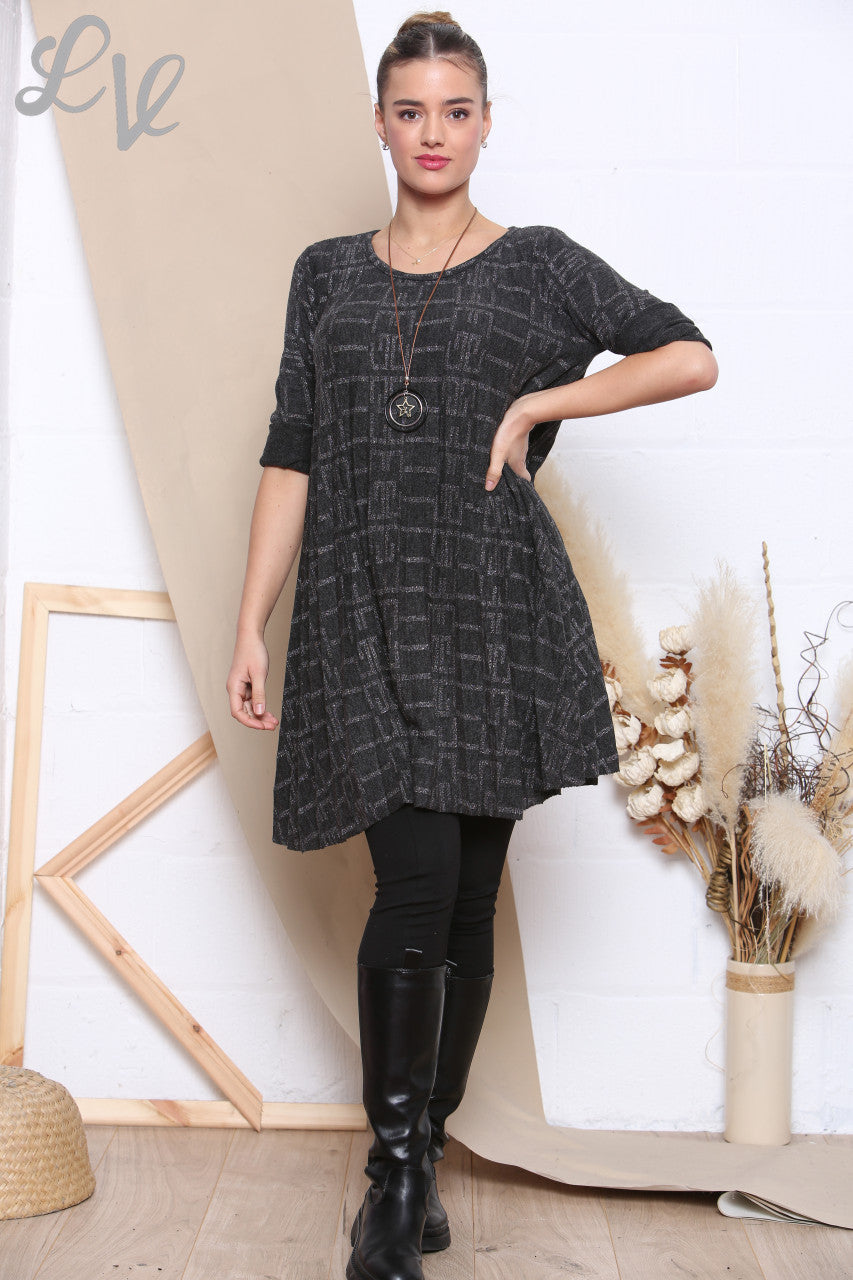 Ladies Sparkle Print Pleated Bottom Tunic Top Charcoal Unit Price WAS £9.99 NOW £4.99