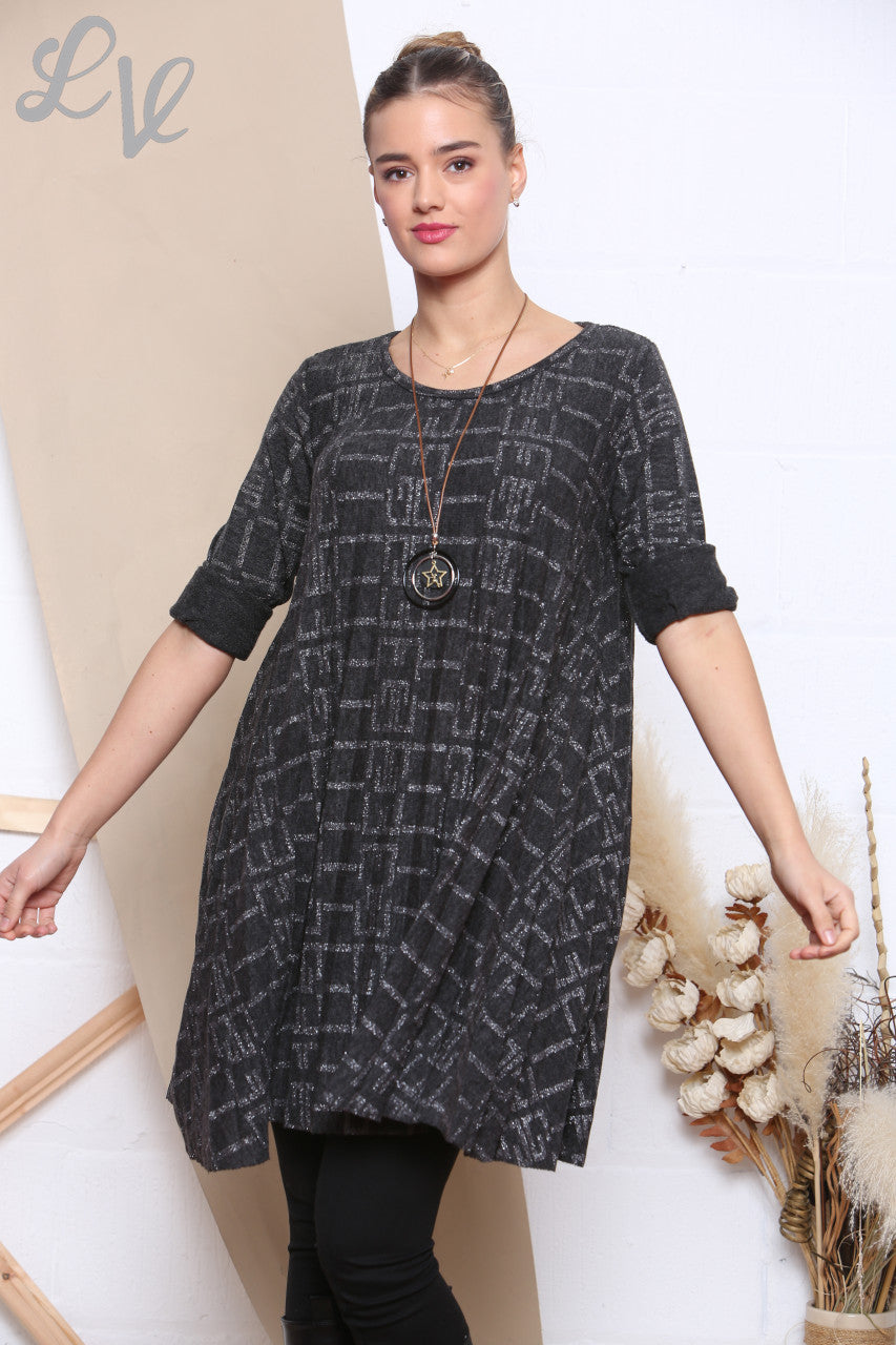 Ladies Sparkle Print Pleated Bottom Tunic Top Charcoal Unit Price WAS £9.99 NOW £4.99