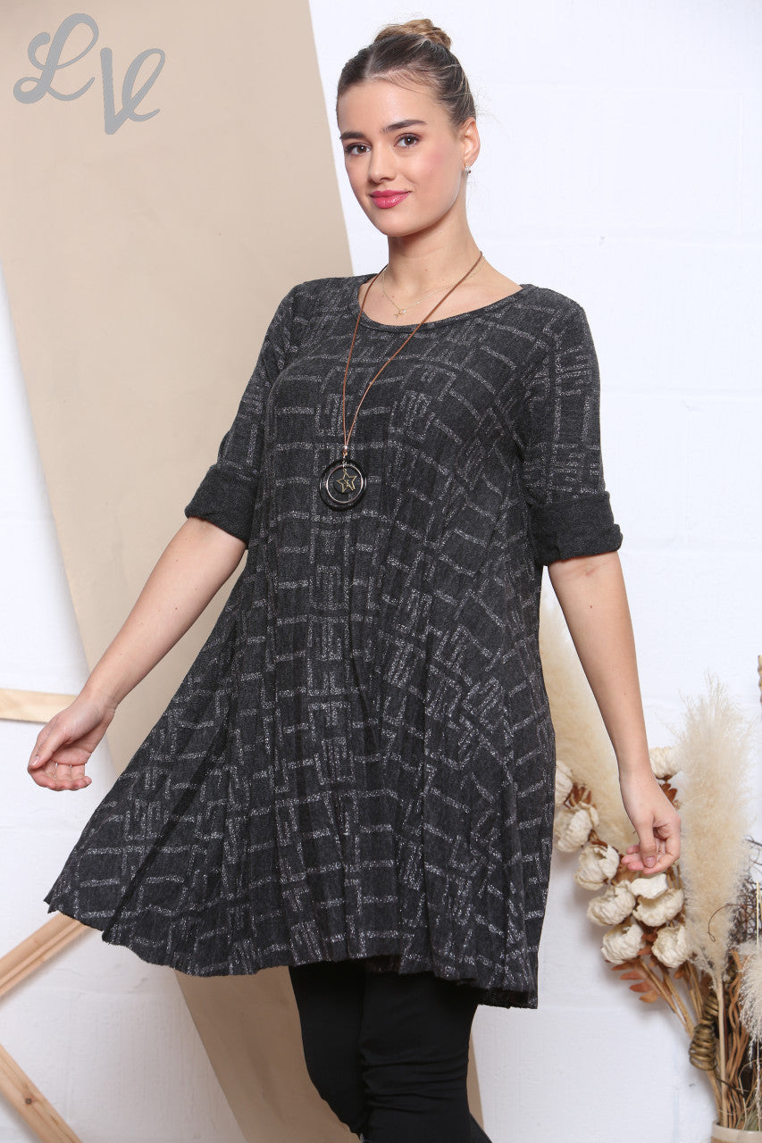 Ladies Sparkle Print Pleated Bottom Tunic Top Charcoal Unit Price WAS £9.99 NOW £4.99