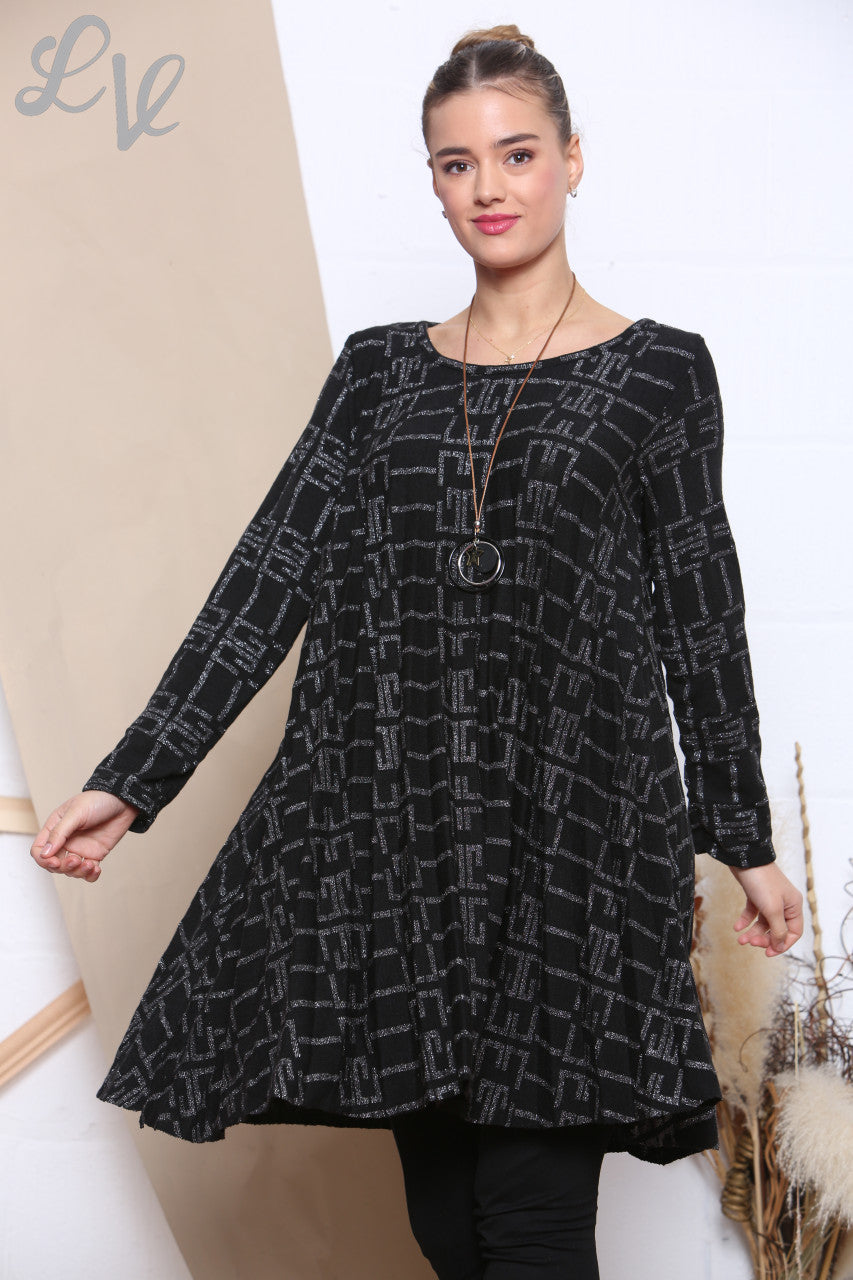 Ladies Sparkle Print Pleated Bottom Tunic Top Black Unit Price WAS £9.99 NOW £7.99