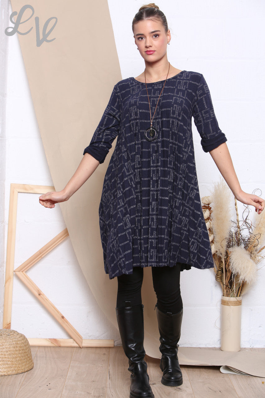 Dames Sparkle Print Plissé Zoom Tuniek Top Marineblauw Stukprijs WAS £9,99 NU £4,99