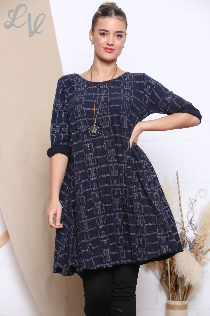 Dames Sparkle Print Plissé Zoom Tuniek Top Marineblauw Stukprijs WAS £9,99 NU £4,99