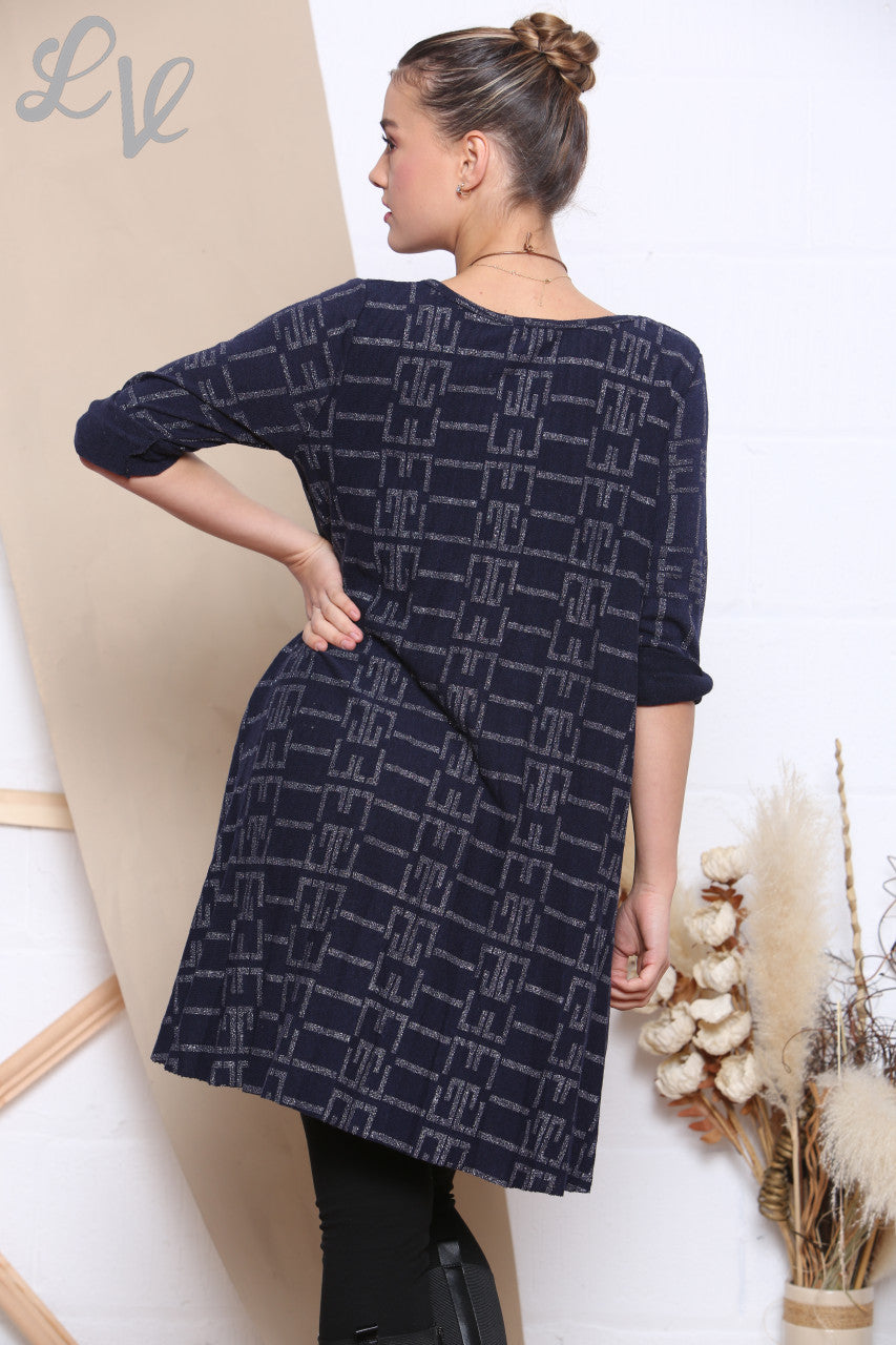 Dames Sparkle Print Plissé Zoom Tuniek Top Marineblauw Stukprijs WAS £9,99 NU £4,99