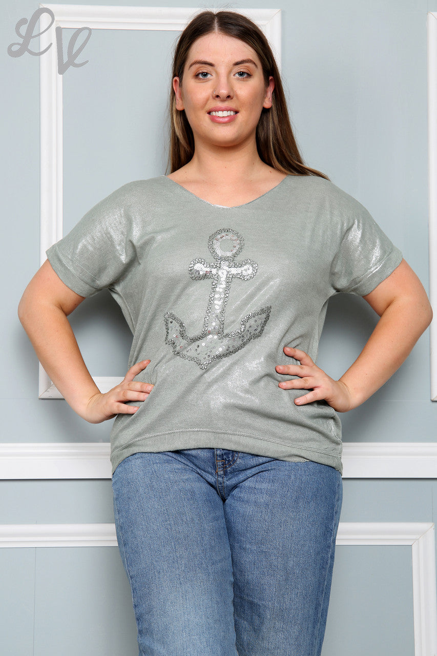 Dames Glanzende Anker Top Kaki Prijs WAS €9,99 NU €5,99