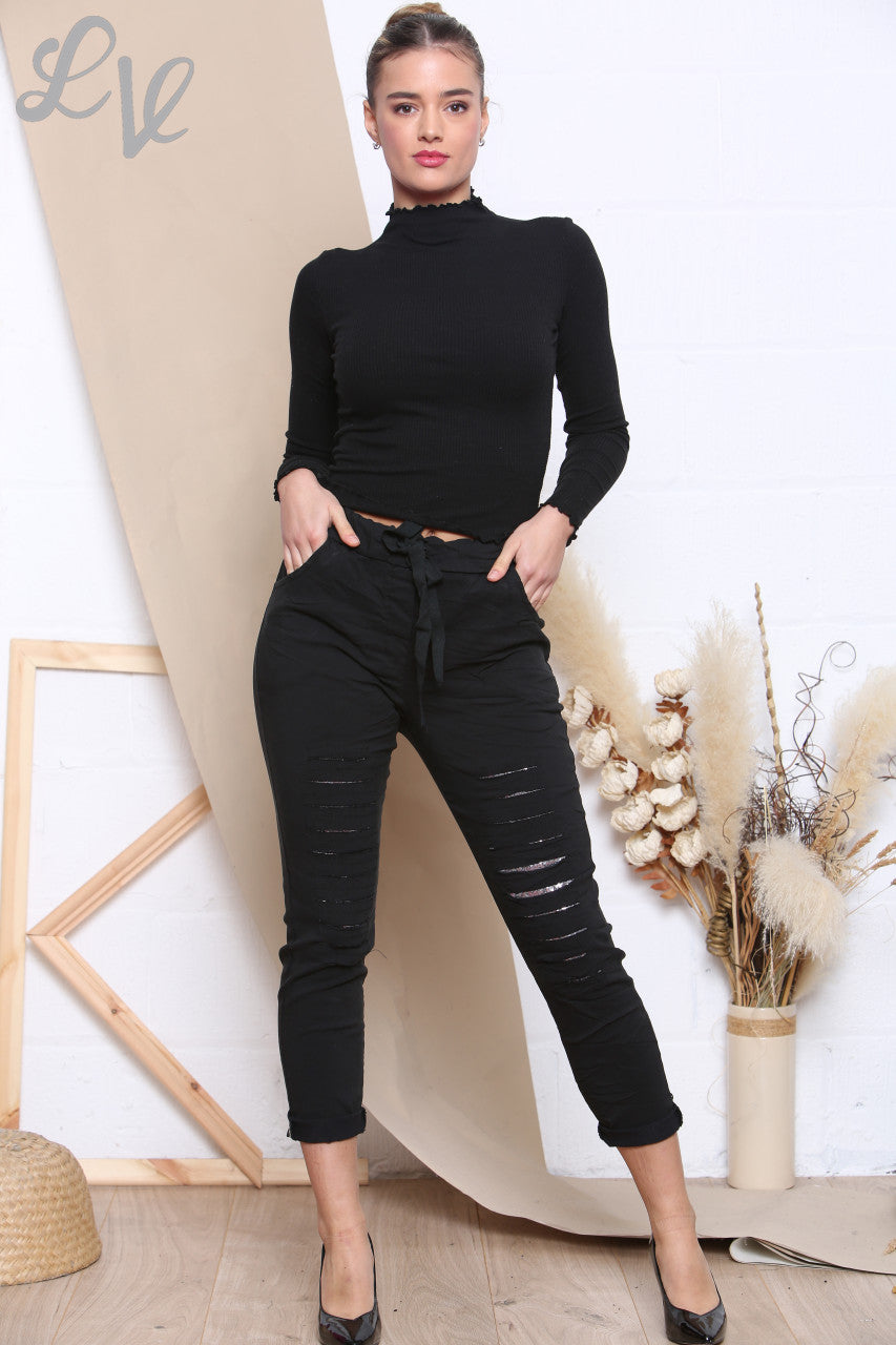 Ladies Ripped Sequin Magic Trousers Black - Unit Price WAS £10.99 NOW £6.99