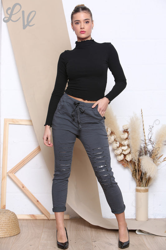 Dames gescheurde pailletten magische broek houtskool - Eenheidsprijs WAS €10,99 NU €6,99