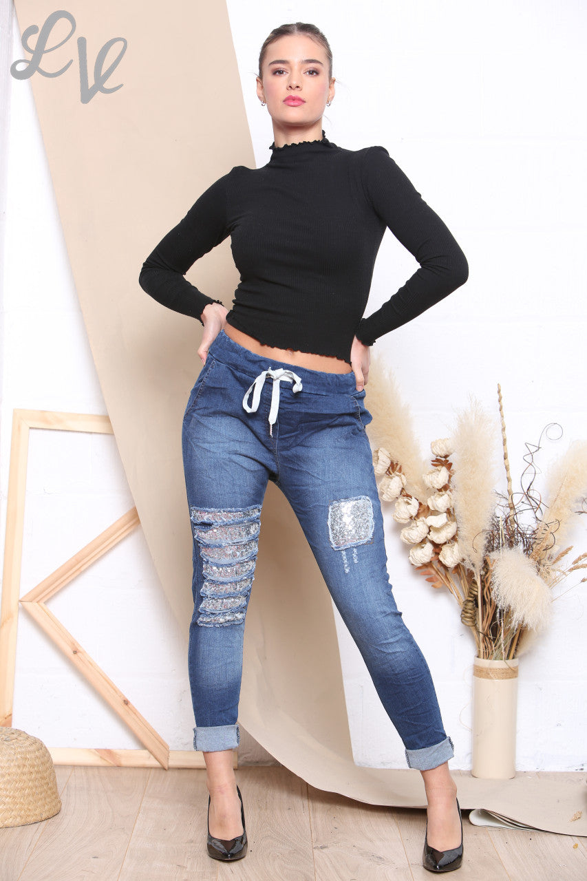 Ladies Sequin Rips Denim Look Magic Trousers Denim - Unit Price WAS £10.99 NOW £6.99