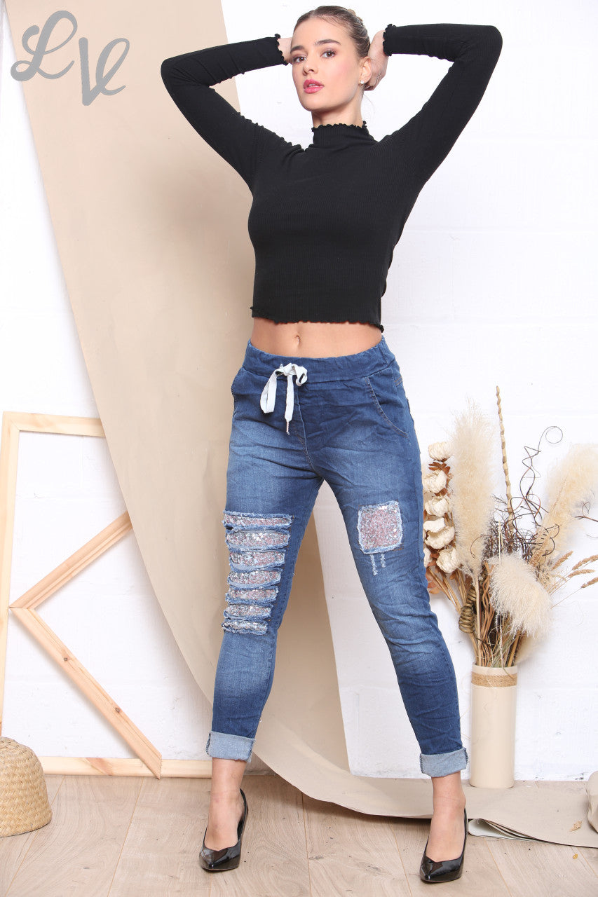 Ladies Sequin Rips Denim Look Magic Trousers Denim - Unit Price WAS £10.99 NOW £6.99