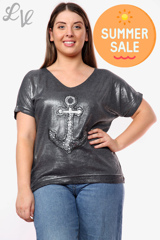 Ladies Shimmer Anchor Top Charcoal Unit Price WAS £9.99 NOW £5.99