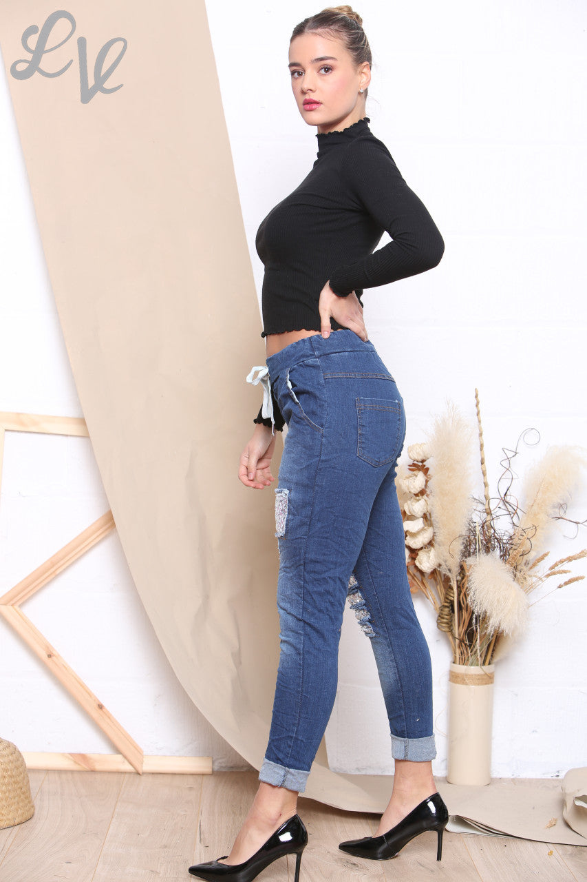 Ladies Sequin Rips Denim Look Magic Trousers Denim - Unit Price WAS £10.99 NOW £6.99