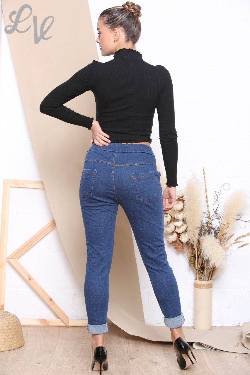 Ladies Sequin Rips Denim Look Magic Trousers Denim - Unit Price WAS £10.99 NOW £6.99