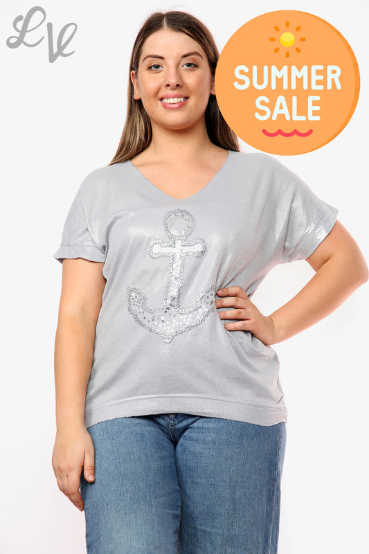 Ladies Shimmer Anchor Top Grey Unit Price WAS £9.99 NOW £5.99